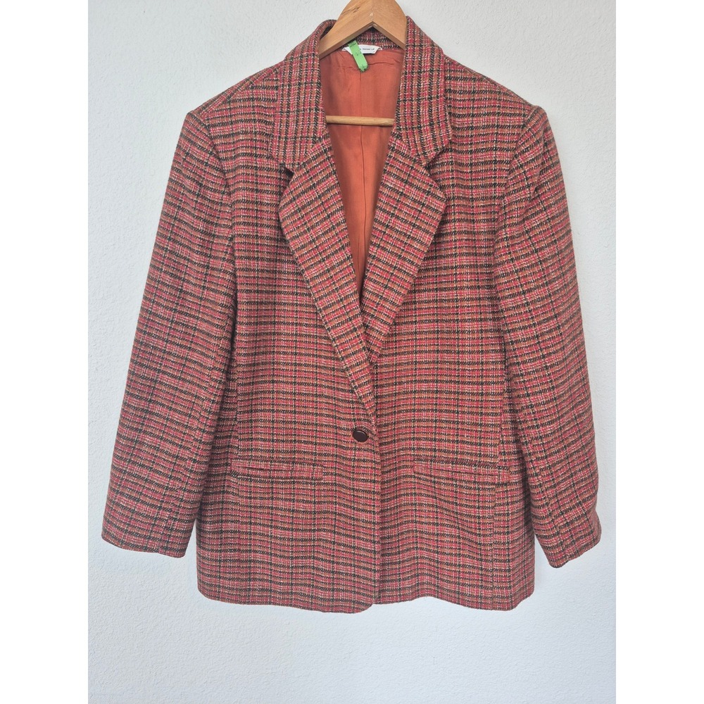 Brooks Vintage Wool Blend Plaid Blazer Jacket Red Orange Size Large